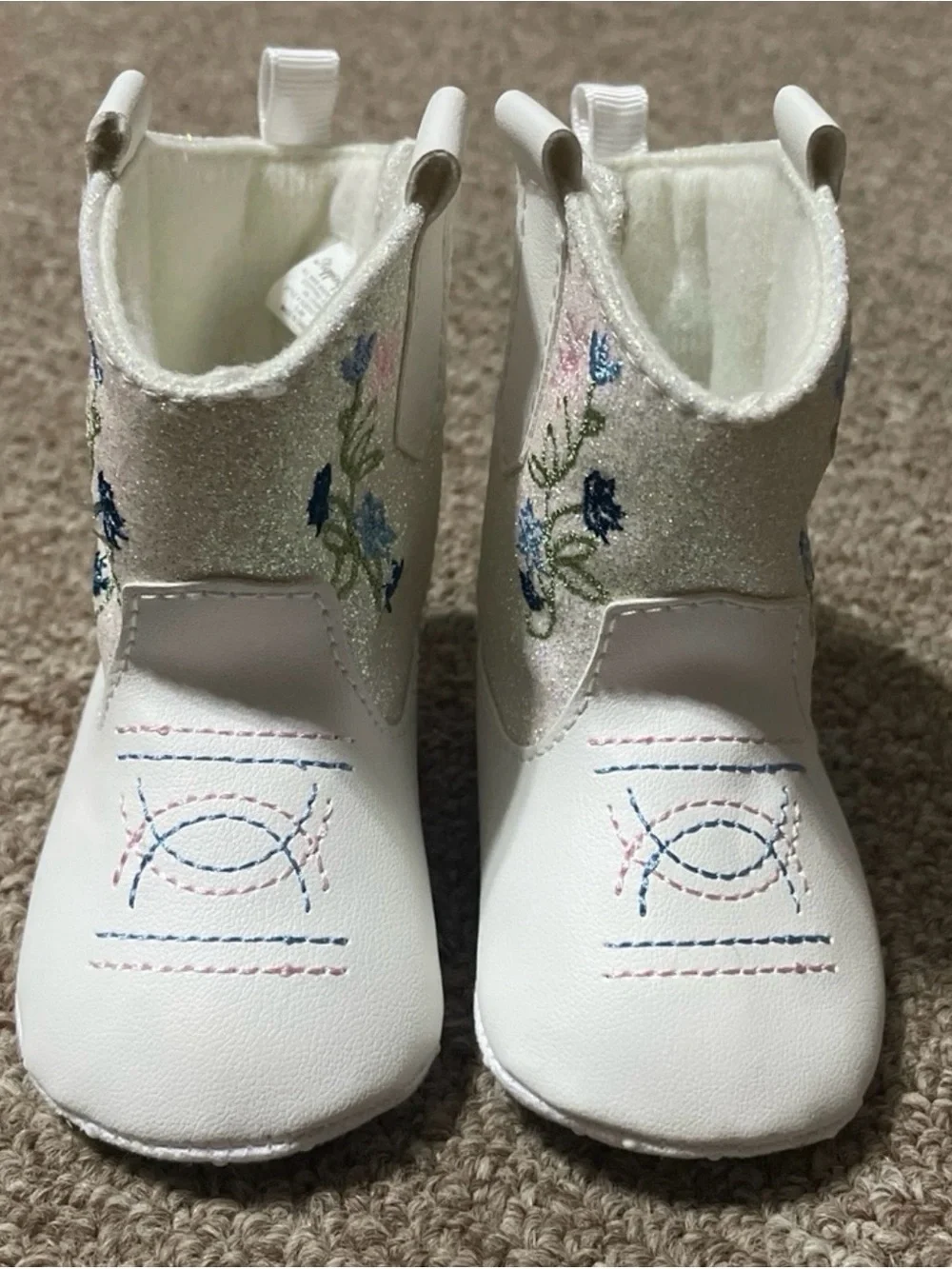 White Glitter Pink & Blue Floral Baby Cowboy Boots 3-6 Months